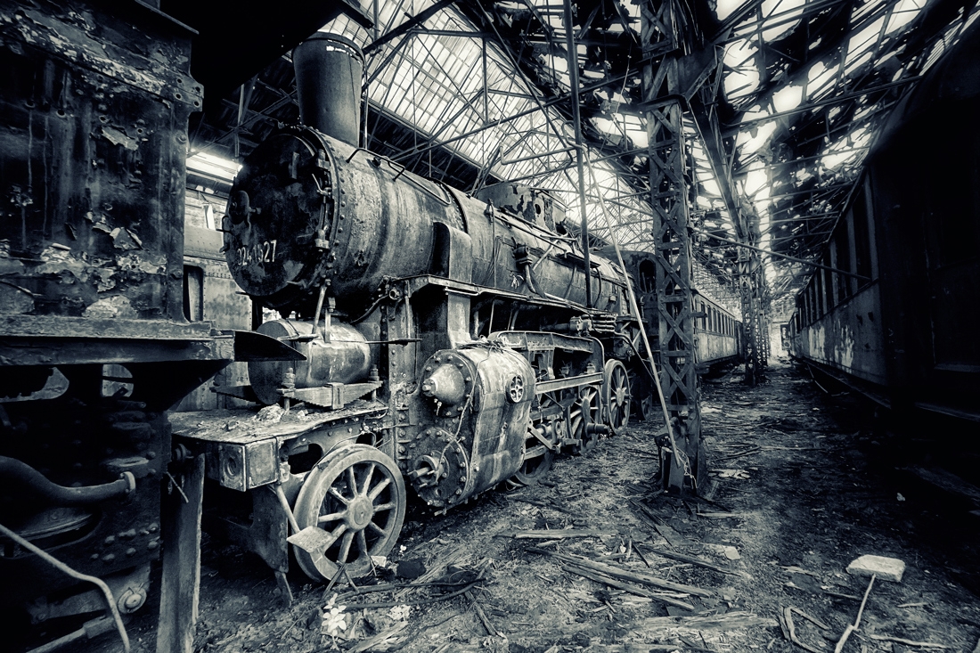 black and white old train